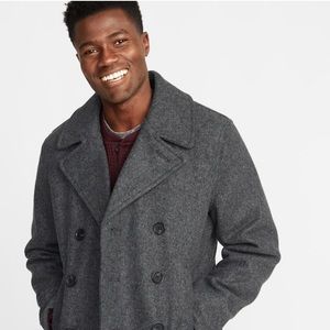 Men’s wool pea coat in heather grey. New with tags